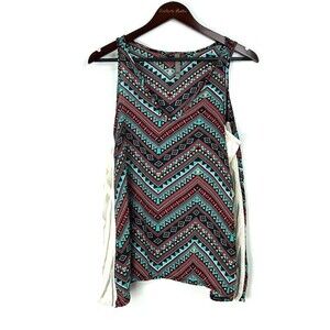 Jesse & J Women Size M Tank Top V Neckline Aztec Southwestern Flowy Lace H4